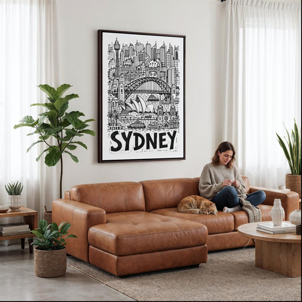 03 - Framed Sydney City Art - Pencil Style Canvas Print - Woman Knitting on leather couch - Vertical.jpg 03 - Framed Sydney City Art - Pencil Style Canvas Print - Woman Knitting on leather couch - Vertical.jpg