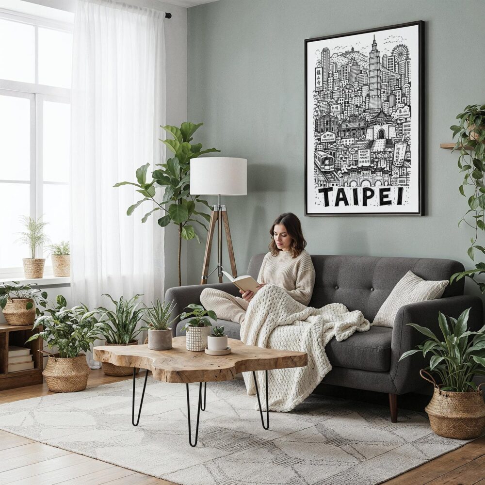 03 - Framed Taipei City Art - Pencil Style Canvas Print - Woman reading in Boho Living Room - Vertical.jpg 03 - Framed Taipei City Art - Pencil Style Canvas Print - Woman reading in Boho Living Room - Vertical.jpg