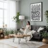 03 - Framed Taipei City Art - Pencil Style Canvas Print - Woman reading in Boho Living Room - Vertical.jpg