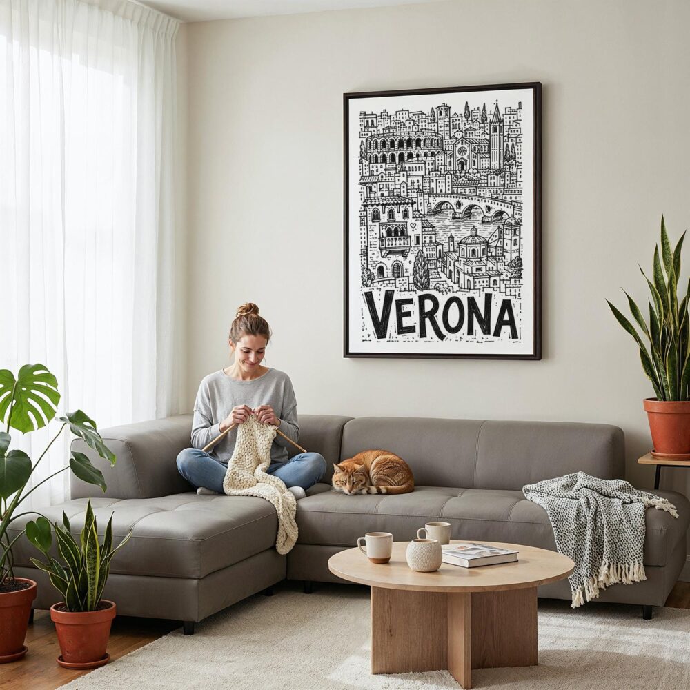 03 - Framed Verona City Art - Pencil Style Canvas Print - Woman Knitting on grey couch - Vertical.jpg 03 - Framed Verona City Art - Pencil Style Canvas Print - Woman Knitting on grey couch - Vertical.jpg