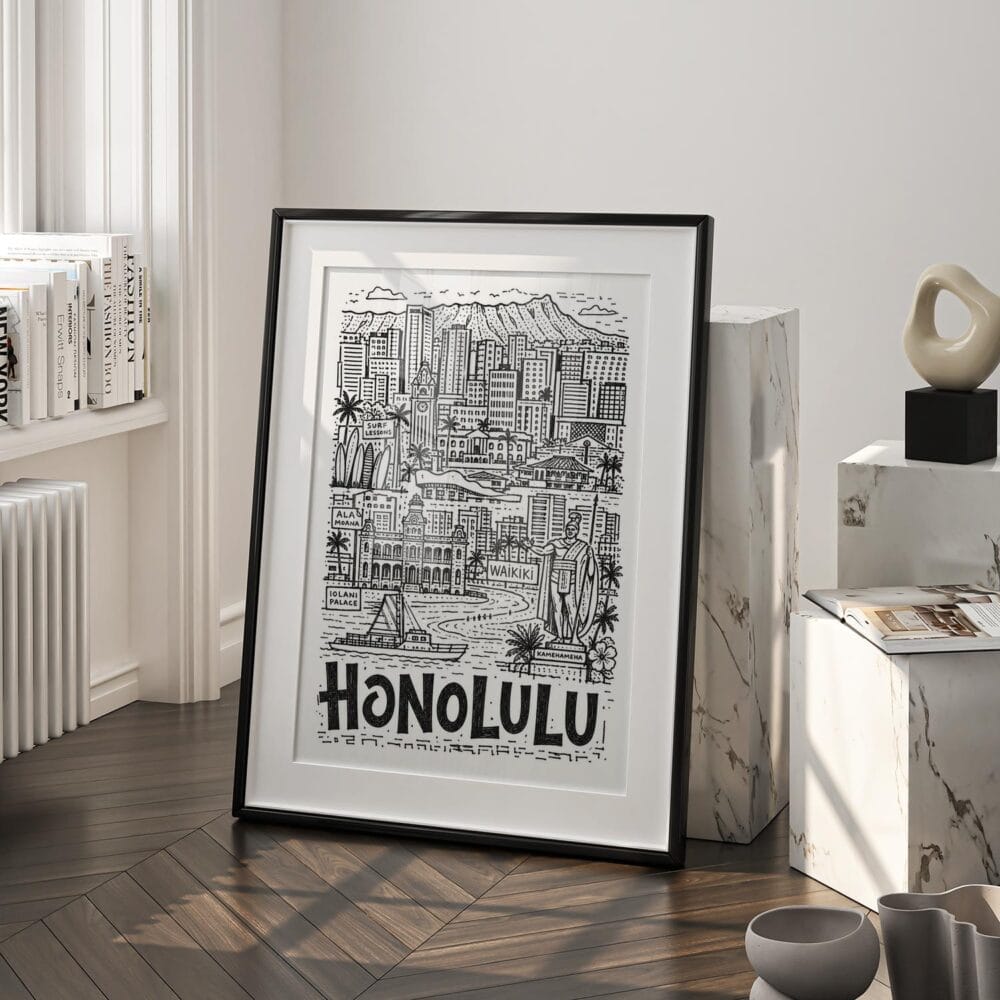 03 - Honolulu City Art - Pencil Style Art - Digital Download - Frame Standing on floor.jpg 03 - Honolulu City Art - Pencil Style Art - Digital Download - Frame Standing on floor.jpg