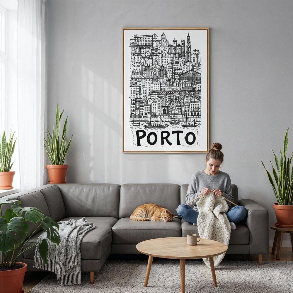 03 - Porto City Art - Pencil Style Canvas Print with Natural Floater Frame - Woman Knitting on grey couch - Vertical.jpg 03 - Porto City Art - Pencil Style Canvas Print with Natural Floater Frame - Woman Knitting on grey couch - Vertical.jpg