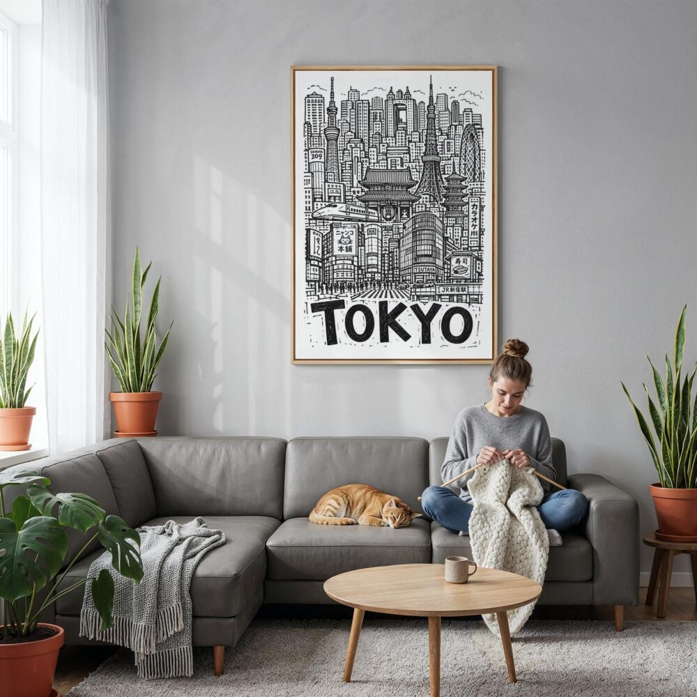 03 - Tokyo City Art - Pencil Style Canvas Print with Natural Floater Frame - Woman Knitting on grey couch - Vertical.jpg 03 - Tokyo City Art - Pencil Style Canvas Print with Natural Floater Frame - Woman Knitting on grey couch - Vertical.jpg