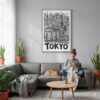 03 - Tokyo City Art - Pencil Style Canvas Print with Natural Floater Frame - Woman Knitting on grey couch - Vertical.jpg