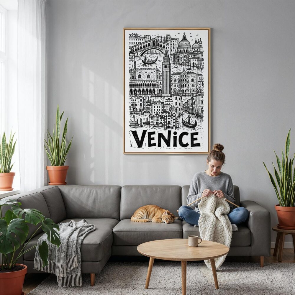03 - Venice City Art - Pencil Style Canvas Print with Natural Floater Frame - Woman Knitting on grey couch - Vertical.jpg 03 - Venice City Art - Pencil Style Canvas Print with Natural Floater Frame - Woman Knitting on grey couch - Vertical.jpg