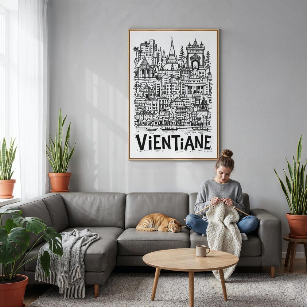 03 - Vientiane City Art - Pencil Style Canvas Print with Natural Floater Frame - Woman Knitting on grey couch - Vertical.jpg 03 - Vientiane City Art - Pencil Style Canvas Print with Natural Floater Frame - Woman Knitting on grey couch - Vertical.jpg