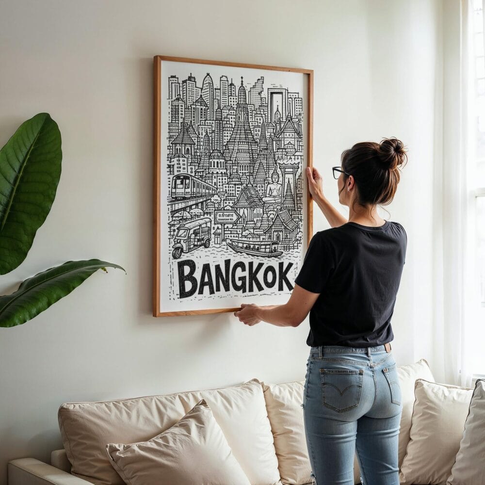 03 - Woman Hanging Framed Bangkok City Art - Pencil Style Art Print - Vertical.jpg 03 - Woman Hanging Framed Bangkok City Art - Pencil Style Art Print - Vertical.jpg