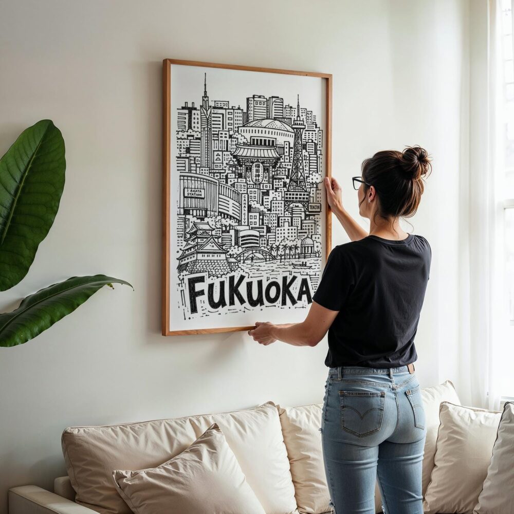 03 - Woman Hanging Framed Fukuoka City Art - Pencil Style Art Print - Vertical.jpg 03 - Woman Hanging Framed Fukuoka City Art - Pencil Style Art Print - Vertical.jpg