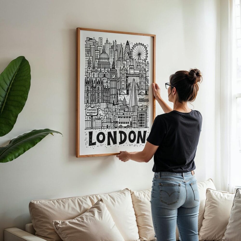 03 - Woman Hanging Framed London City Art - Pencil Style Art Print - Vertical.jpg 03 - Woman Hanging Framed London City Art - Pencil Style Art Print - Vertical.jpg