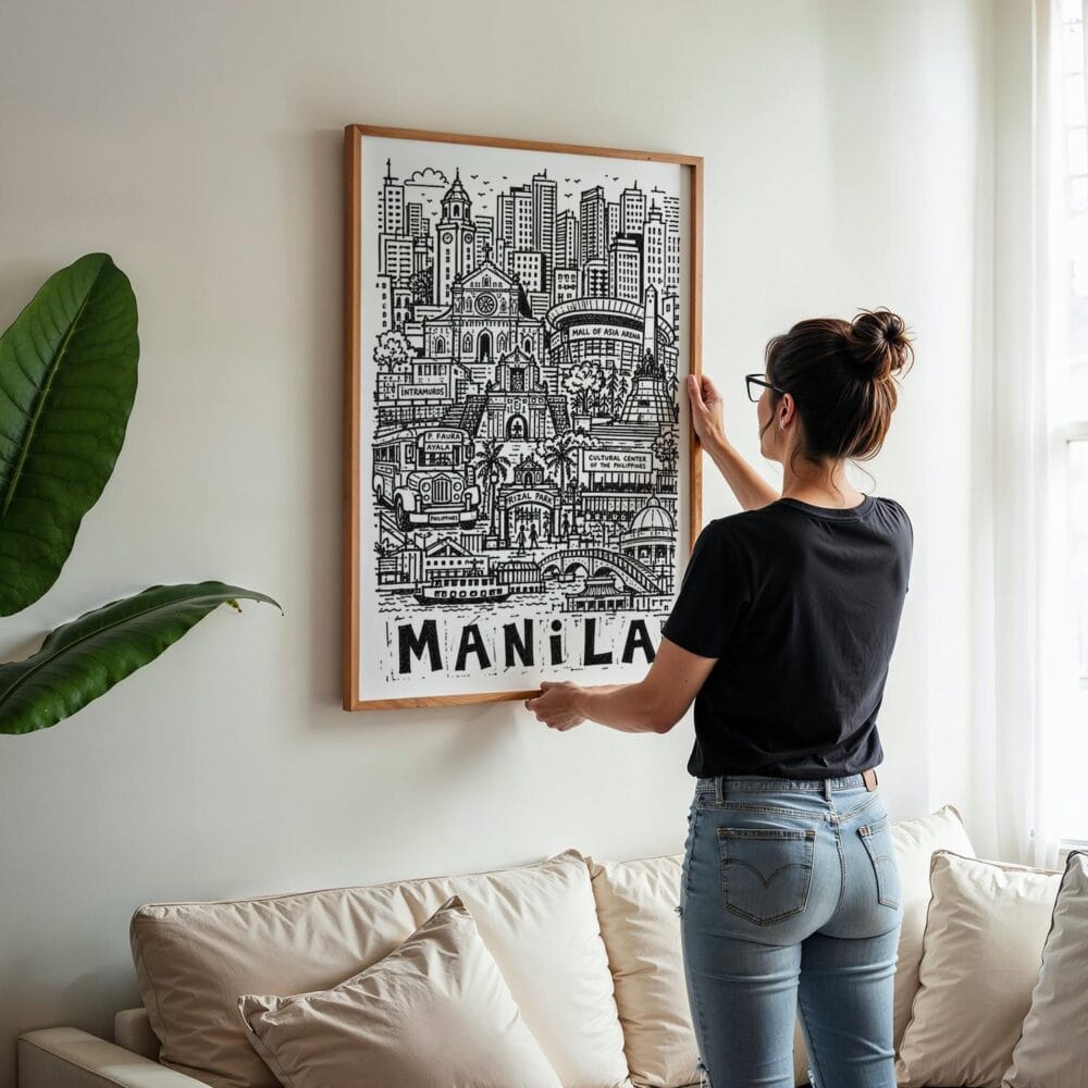 03 - Woman Hanging Framed Manila City Art - Pencil Style Art Print - Vertical.jpg 03 - Woman Hanging Framed Manila City Art - Pencil Style Art Print - Vertical.jpg