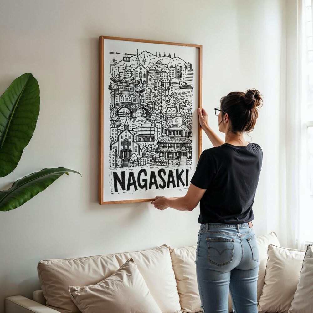 03 - Woman Hanging Framed Nagasaki City Art - Pencil Style Art Print - Vertical.jpg 03 - Woman Hanging Framed Nagasaki City Art - Pencil Style Art Print - Vertical.jpg