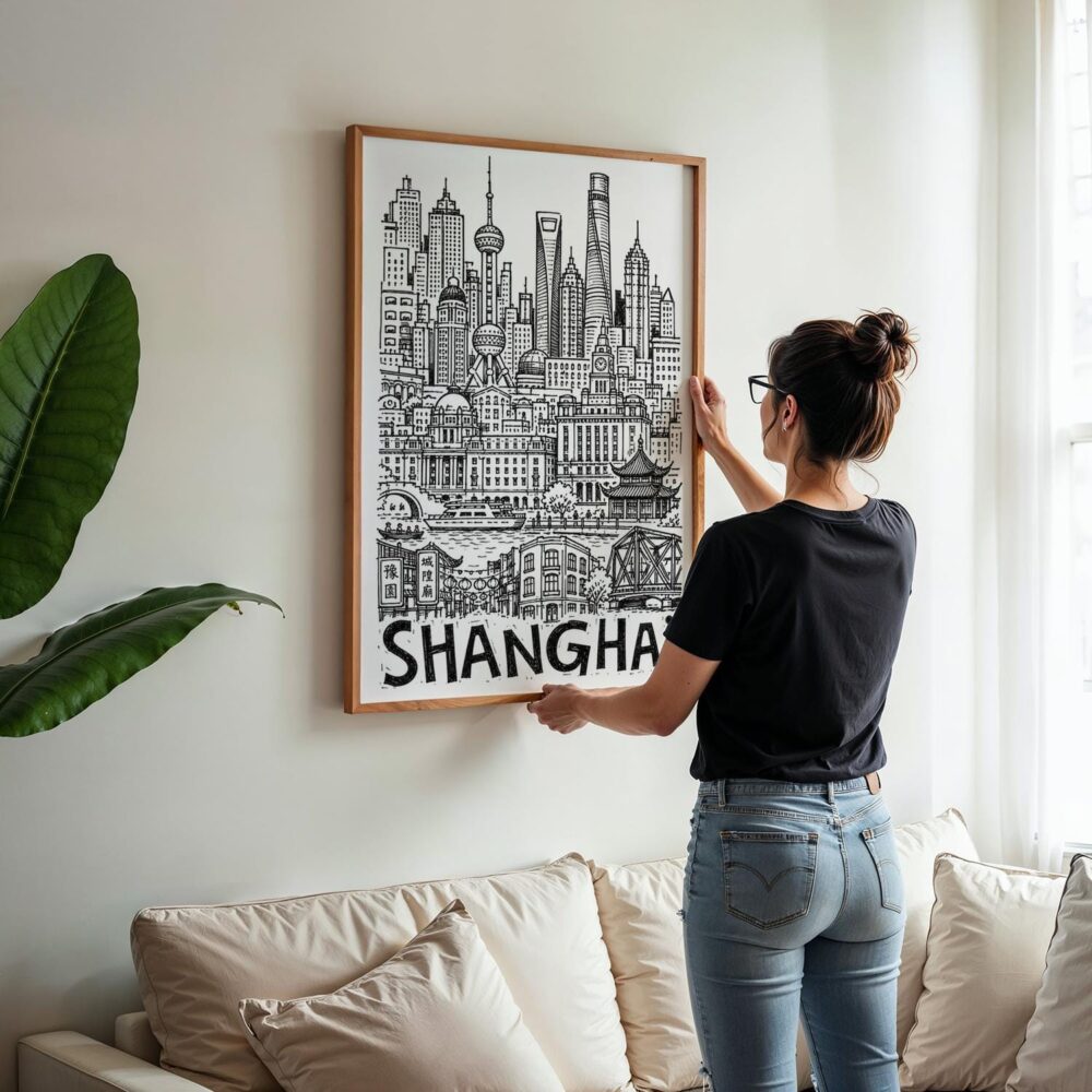 03 - Woman Hanging Framed Shanghai City Art - Pencil Style Art Print - Vertical.jpg 03 - Woman Hanging Framed Shanghai City Art - Pencil Style Art Print - Vertical.jpg