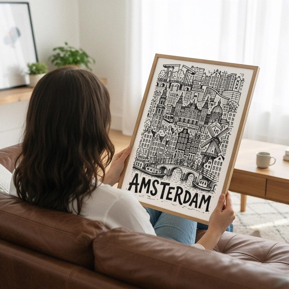 03 - Woman Holding Framed Amsterdam City Art - Pencil Style Art Print - Vertical.jpg 03 - Woman Holding Framed Amsterdam City Art - Pencil Style Art Print - Vertical.jpg