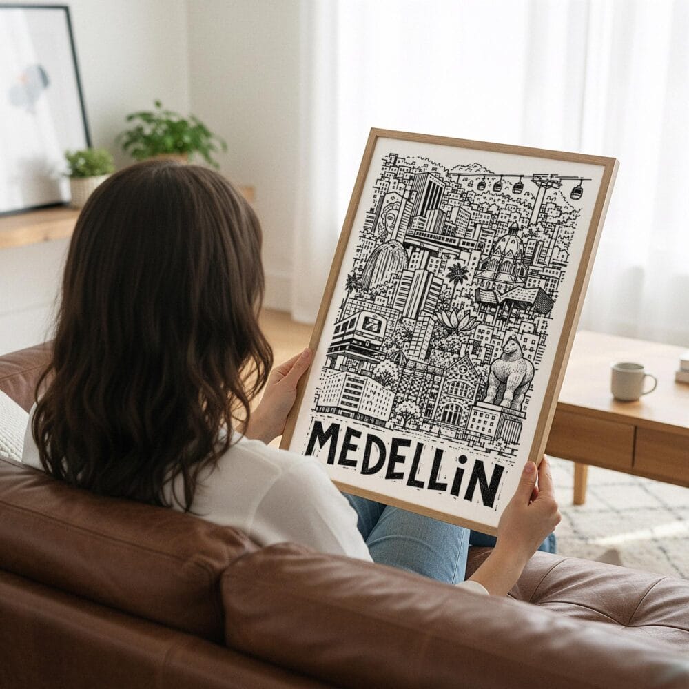 03 - Woman Holding Framed Medellin City Art - Pencil Style Art Print - Vertical.jpg 03 - Woman Holding Framed Medellin City Art - Pencil Style Art Print - Vertical.jpg