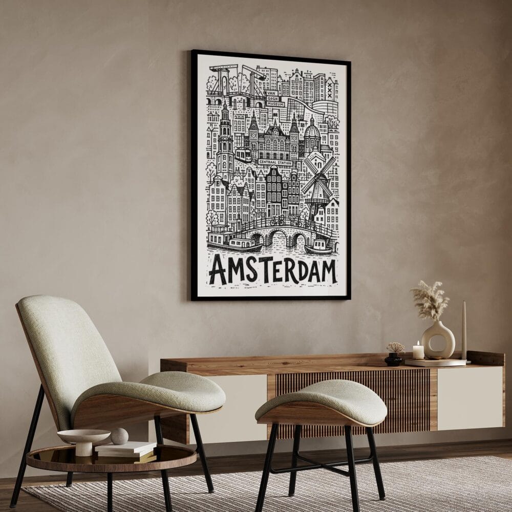 04 - Amsterdam City Art - Pencil Style Art Print with Black Frame in Japandi Living Room - Vertical.jpg 04 - Amsterdam City Art - Pencil Style Art Print with Black Frame in Japandi Living Room - Vertical.jpg