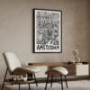 04 - Amsterdam City Art - Pencil Style Art Print with Black Frame in Japandi Living Room - Vertical.jpg