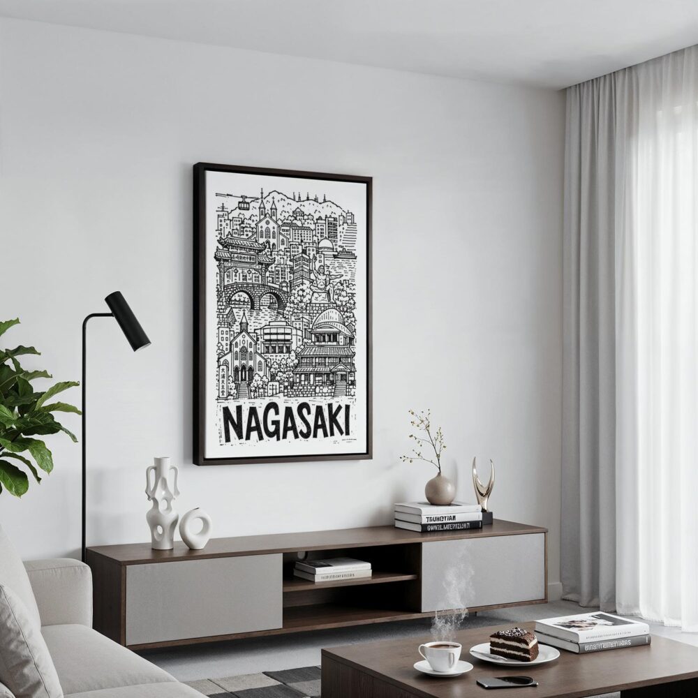 04 - Black Framed Nagasaki City Art - Pencil Style Canvas Print - Contemporary Living Room - Vertical.jpg 04 - Black Framed Nagasaki City Art - Pencil Style Canvas Print - Contemporary Living Room - Vertical.jpg