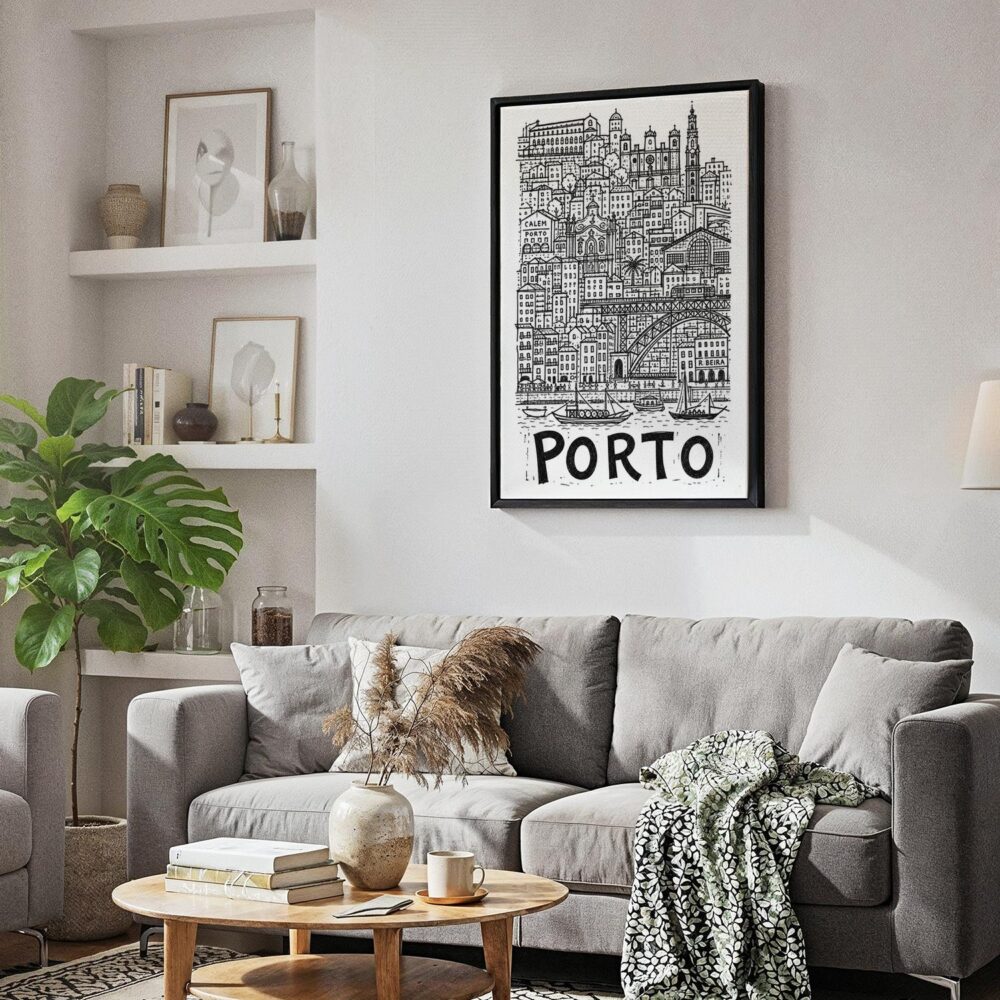 04 - Black Framed Porto City Art - Pencil Style Canvas Print - Skandinavian Living Room - Vertical.jpg 04 - Black Framed Porto City Art - Pencil Style Canvas Print - Skandinavian Living Room - Vertical.jpg