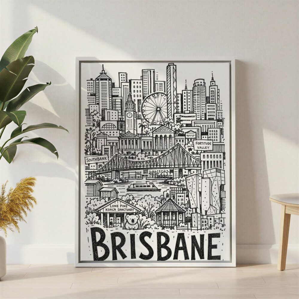 04 - Brisbane City Art - Pencil Style2 Canvas Print with White Floater Frame - Standing on Floor - Vertical.jpg 04 - Brisbane City Art - Pencil Style2 Canvas Print with White Floater Frame - Standing on Floor - Vertical.jpg