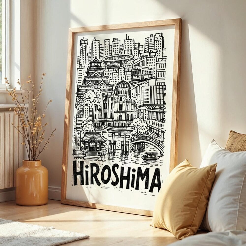 04 - Frame Hiroshima City Art - Pencil Style art print leaning against wall on floor - Vertical.jpg 04 - Frame Hiroshima City Art - Pencil Style art print leaning against wall on floor - Vertical.jpg