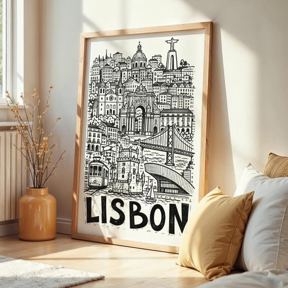 04 - Frame Lisbon City Art - Pencil Style art print leaning against wall on floor - Vertical.jpg 04 - Frame Lisbon City Art - Pencil Style art print leaning against wall on floor - Vertical.jpg