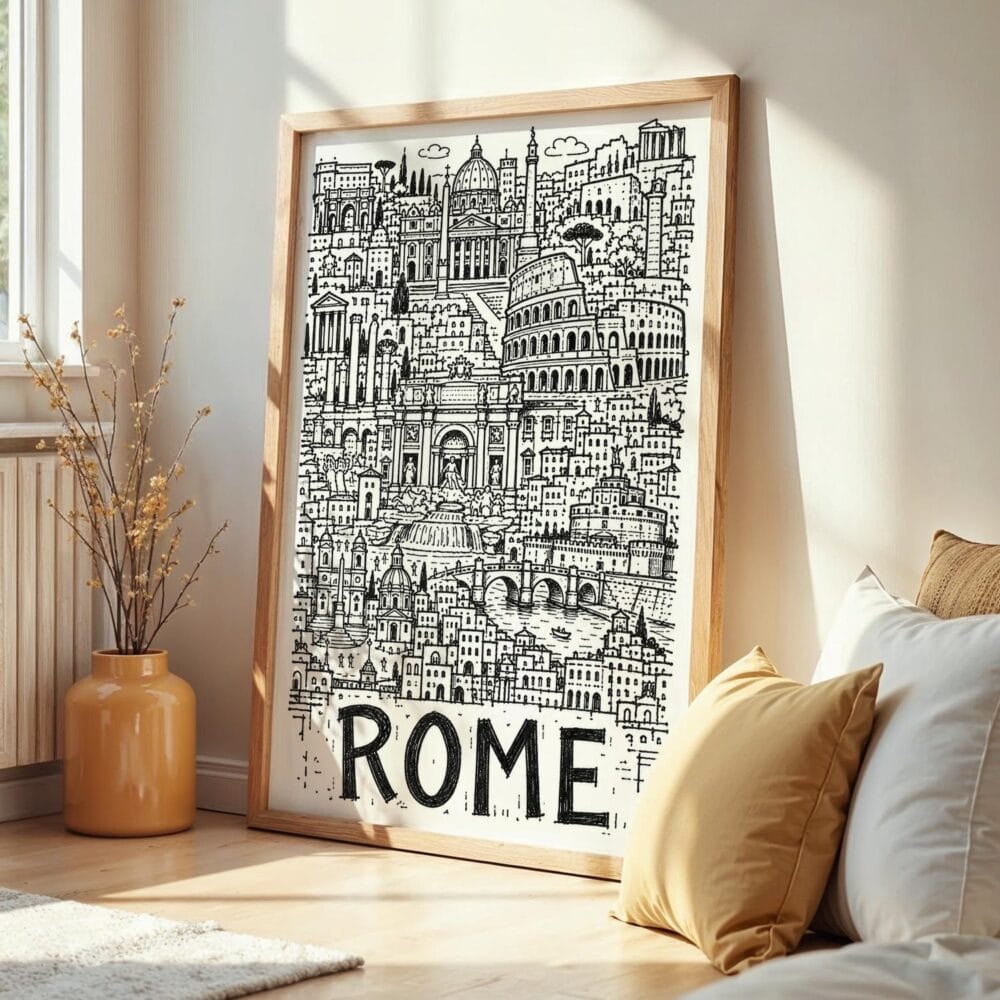 04 - Frame Rome City Art - Pencil Style art print leaning against wall on floor - Vertical.jpg 04 - Frame Rome City Art - Pencil Style art print leaning against wall on floor - Vertical.jpg