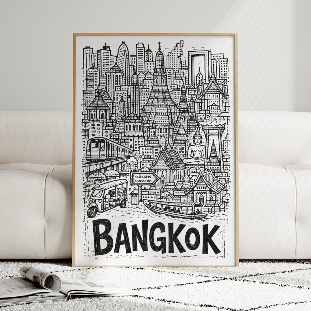 04 - Framed Bangkok City Art - Pencil Style Art Print leaning against couch - Vertical.jpg 04 - Framed Bangkok City Art - Pencil Style Art Print leaning against couch - Vertical.jpg