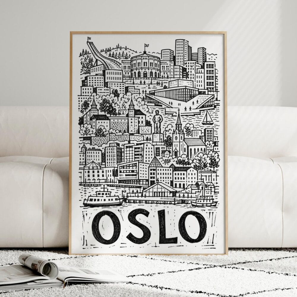 04 - Framed Oslo City Art - Pencil Style Art Print leaning against couch - Vertical.jpg 04 - Framed Oslo City Art - Pencil Style Art Print leaning against couch - Vertical.jpg