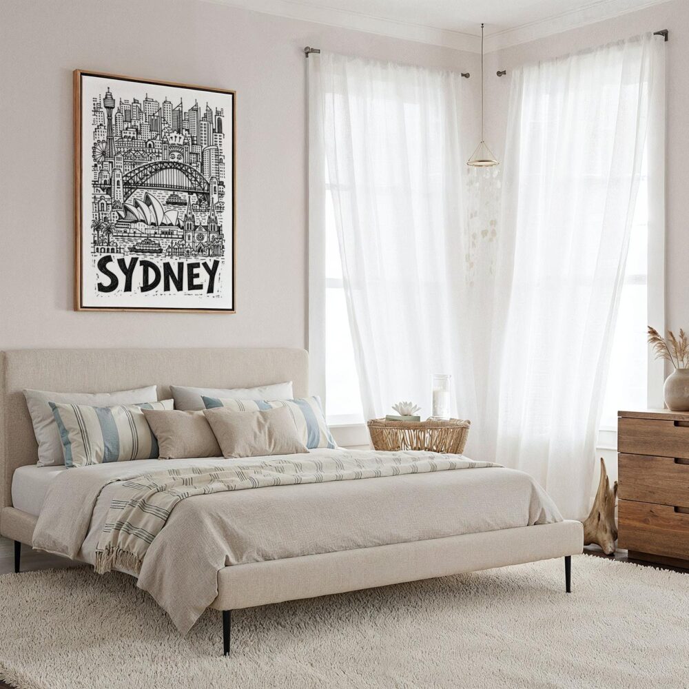 04 - Framed Sydney City Art - Pencil Style Canvas Print - Coastal Bedroom - Vertical.jpg 04 - Framed Sydney City Art - Pencil Style Canvas Print - Coastal Bedroom - Vertical.jpg