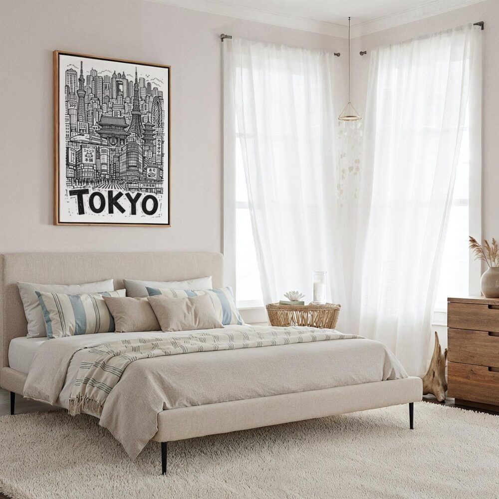 04 - Framed Tokyo City Art - Pencil Style Canvas Print - Coastal Bedroom - Vertical.jpg 04 - Framed Tokyo City Art - Pencil Style Canvas Print - Coastal Bedroom - Vertical.jpg