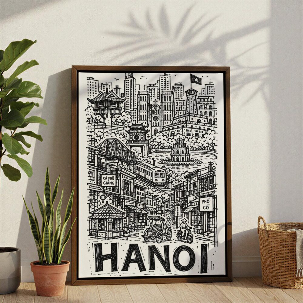 04 - Hanoi City Art - Pencil Style Canvas Print with Brown Floater Frame - Standing on Floor - Vertical.jpg 04 - Hanoi City Art - Pencil Style Canvas Print with Brown Floater Frame - Standing on Floor - Vertical.jpg