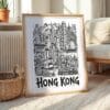 04 - Hong Kong City Art - Pencil Style Art Print with Natural Wood Frame on floor - Vertical.jpg