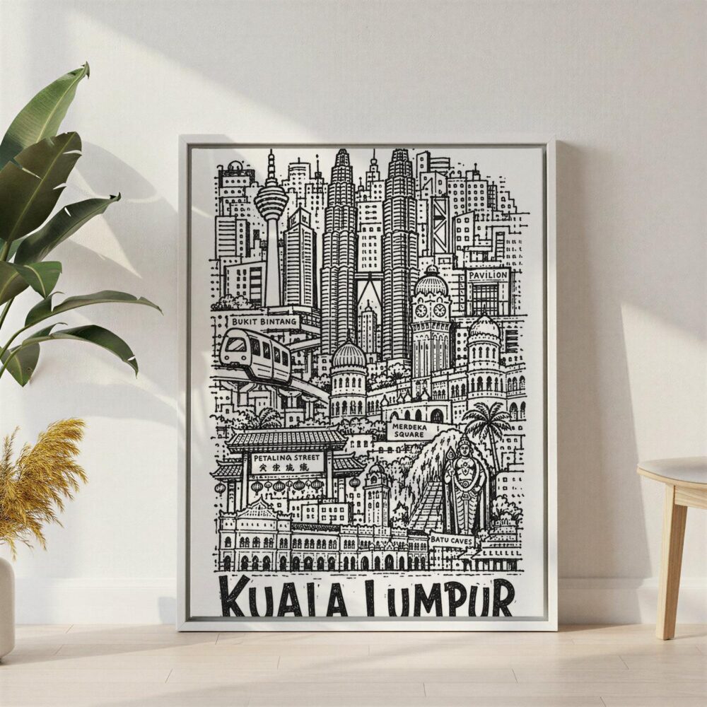 04 - Kuala Lumpur City Art - Pencil Style Canvas Print with White Floater Frame - Standing on Floor - Vertical.jpg 04 - Kuala Lumpur City Art - Pencil Style Canvas Print with White Floater Frame - Standing on Floor - Vertical.jpg
