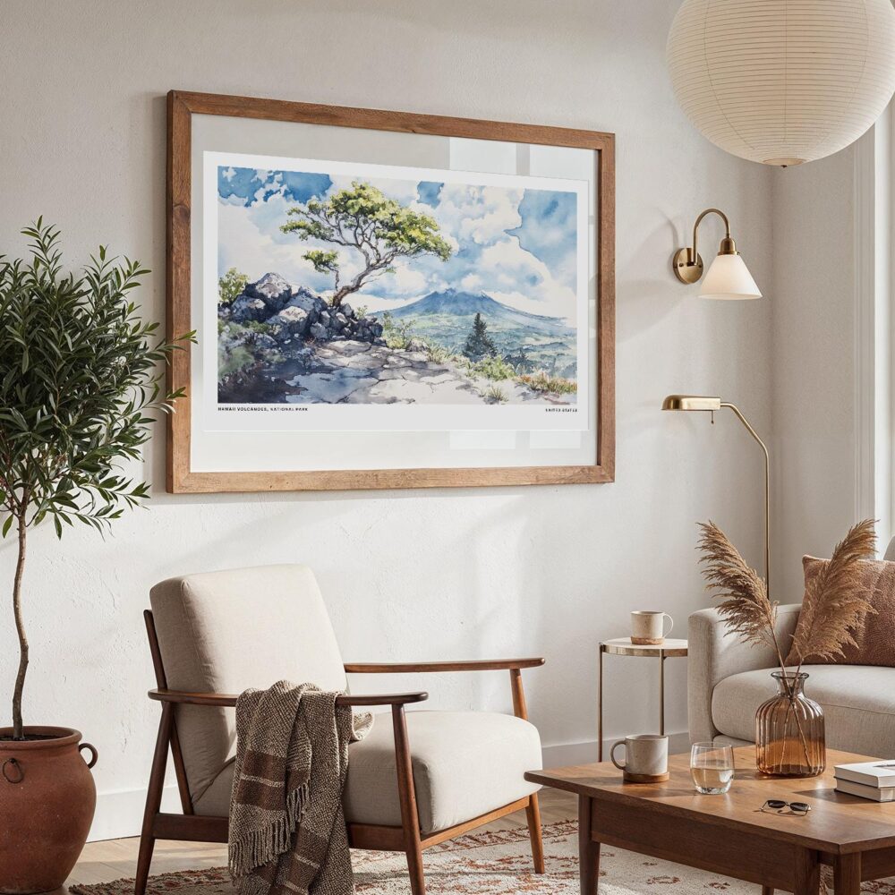 04 - Large Hawaii Volcanoes National Park Watercolor - Horizontal-36x24 Art Print in Boho Living Room with vintage Wood frame.jpg 04 - Large Hawaii Volcanoes National Park Watercolor - Horizontal-36x24 Art Print in Boho Living Room with vintage Wood frame.jpg