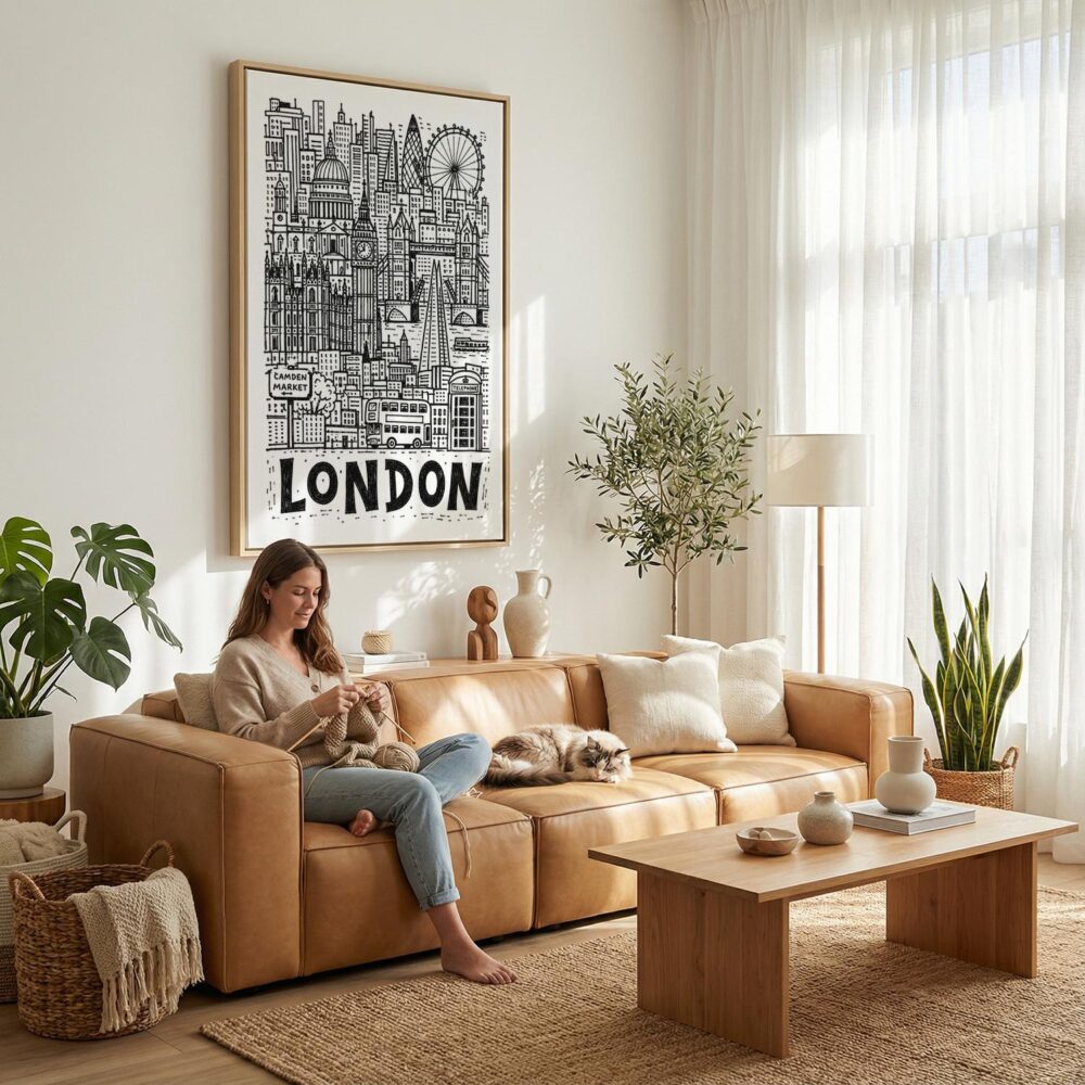 04 - London City Art - Pencil Style Canvas Art Print with natural Floater Frame - Women knitting on couch with cat - Vertical .jpg 04 - London City Art - Pencil Style Canvas Art Print with natural Floater Frame - Women knitting on couch with cat - Vertical .jpg