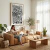 04 - London City Art - Pencil Style Canvas Art Print with natural Floater Frame - Women knitting on couch with cat - Vertical .jpg
