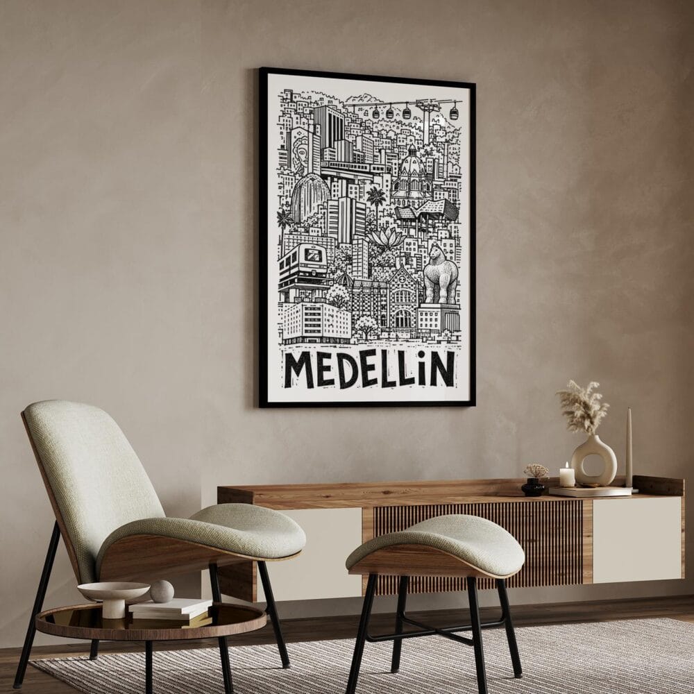 04 - Medellin City Art - Pencil Style Art Print with Black Frame in Japandi Living Room - Vertical.jpg 04 - Medellin City Art - Pencil Style Art Print with Black Frame in Japandi Living Room - Vertical.jpg