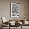 04 - Medellin City Art - Pencil Style Art Print with Black Frame in Japandi Living Room - Vertical.jpg