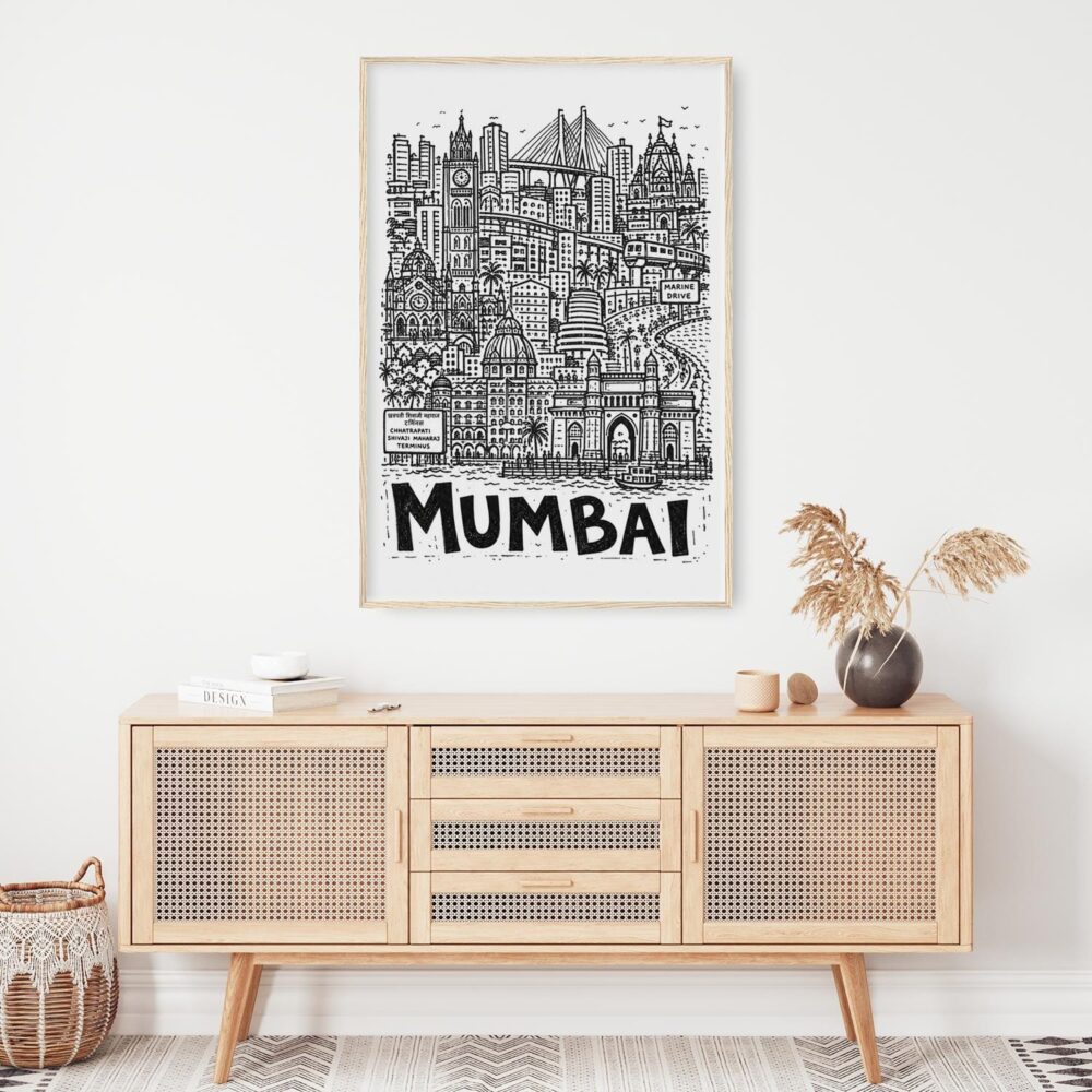 04 - Mumbai City Art - Pencil Style Art Print Hanging above Shelf - Vertical.jpg 04 - Mumbai City Art - Pencil Style Art Print Hanging above Shelf - Vertical.jpg