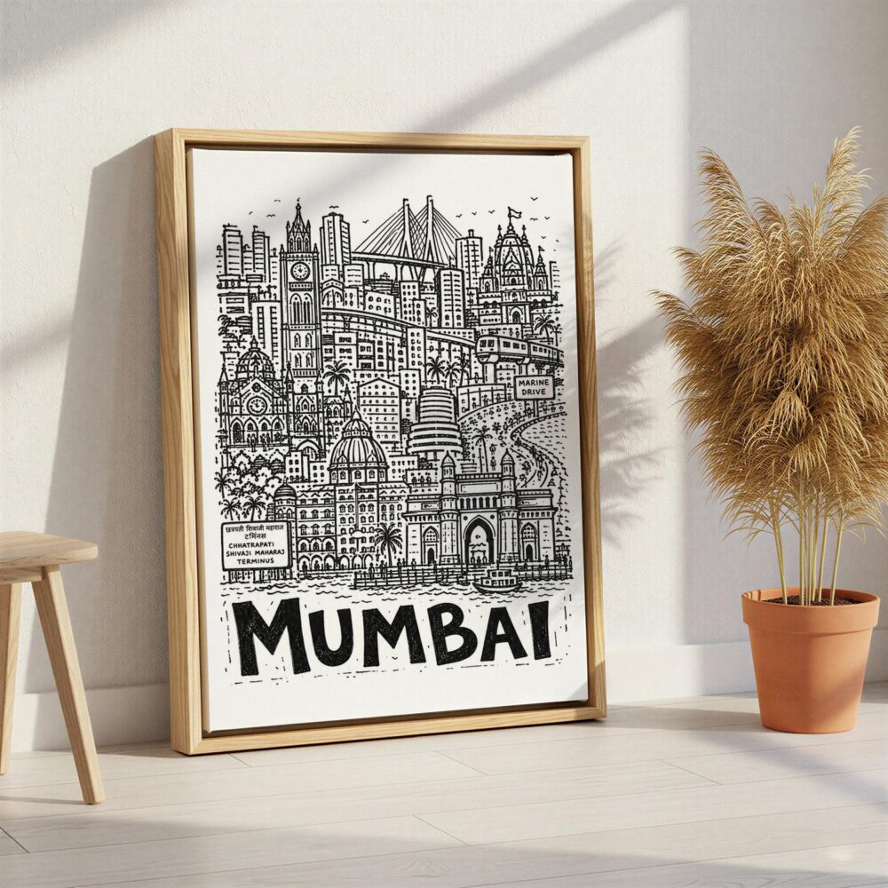 04 - Mumbai City Art - Pencil Style Canvas Print with Natural Floater Frame - Standing on Floor - Vertical.jpg 04 - Mumbai City Art - Pencil Style Canvas Print with Natural Floater Frame - Standing on Floor - Vertical.jpg