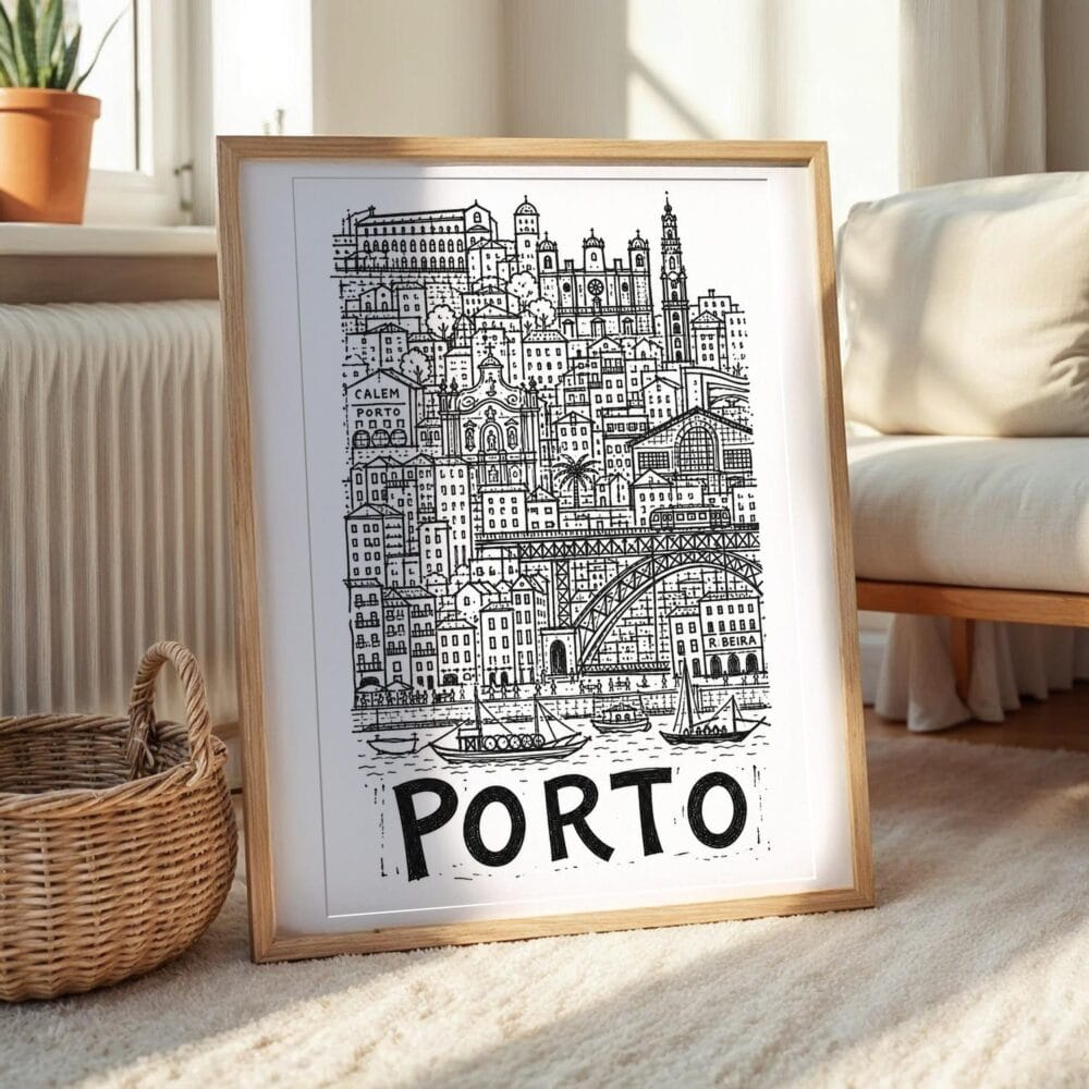 04 - Porto City Art - Pencil Style Art Print with Natural Wood Frame on floor - Vertical.jpg 04 - Porto City Art - Pencil Style Art Print with Natural Wood Frame on floor - Vertical.jpg
