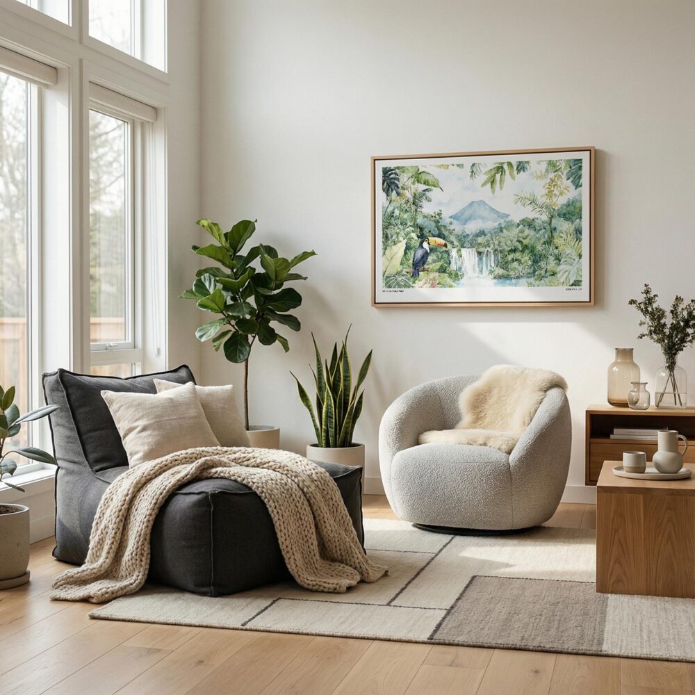 04 - Scandianvian Living Room with Costa Rica Arenal Volcano Watercolor - Horizontal-36x24 Canvas Print in Natural Floater Frame.jpg 04 - Scandianvian Living Room with Costa Rica Arenal Volcano Watercolor - Horizontal-36x24 Canvas Print in Natural Floater Frame.jpg