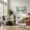 04 - Scandianvian Living Room with Costa Rica Arenal Volcano Watercolor - Horizontal-36x24 Canvas Print in Natural Floater Frame.jpg