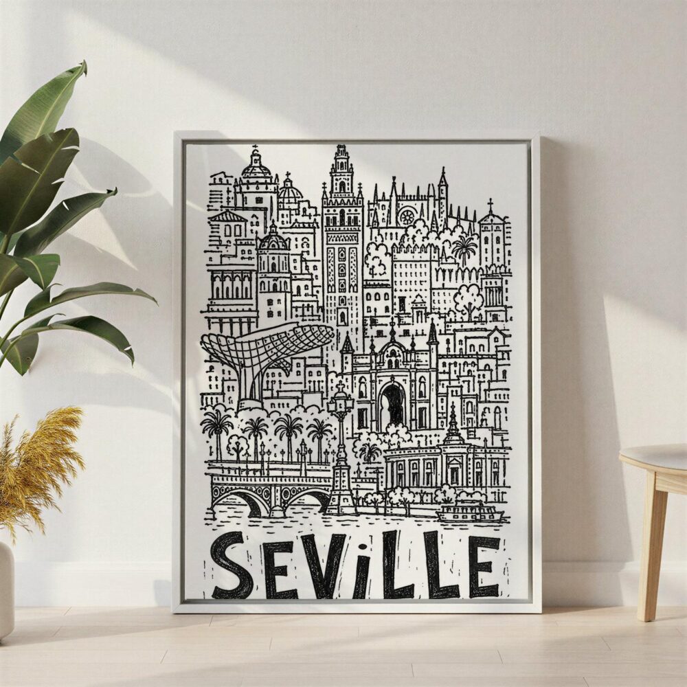 04 - Seville City Art - Pencil Style Canvas Print with White Floater Frame - Standing on Floor - Vertical.jpg 04 - Seville City Art - Pencil Style Canvas Print with White Floater Frame - Standing on Floor - Vertical.jpg