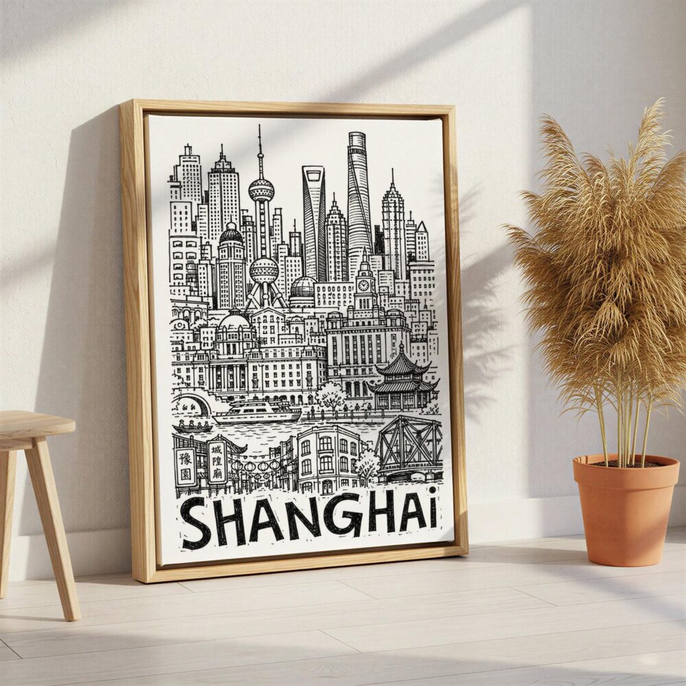 04 - Shanghai City Art - Pencil Style Canvas Print with Natural Floater Frame - Standing on Floor - Vertical.jpg 04 - Shanghai City Art - Pencil Style Canvas Print with Natural Floater Frame - Standing on Floor - Vertical.jpg