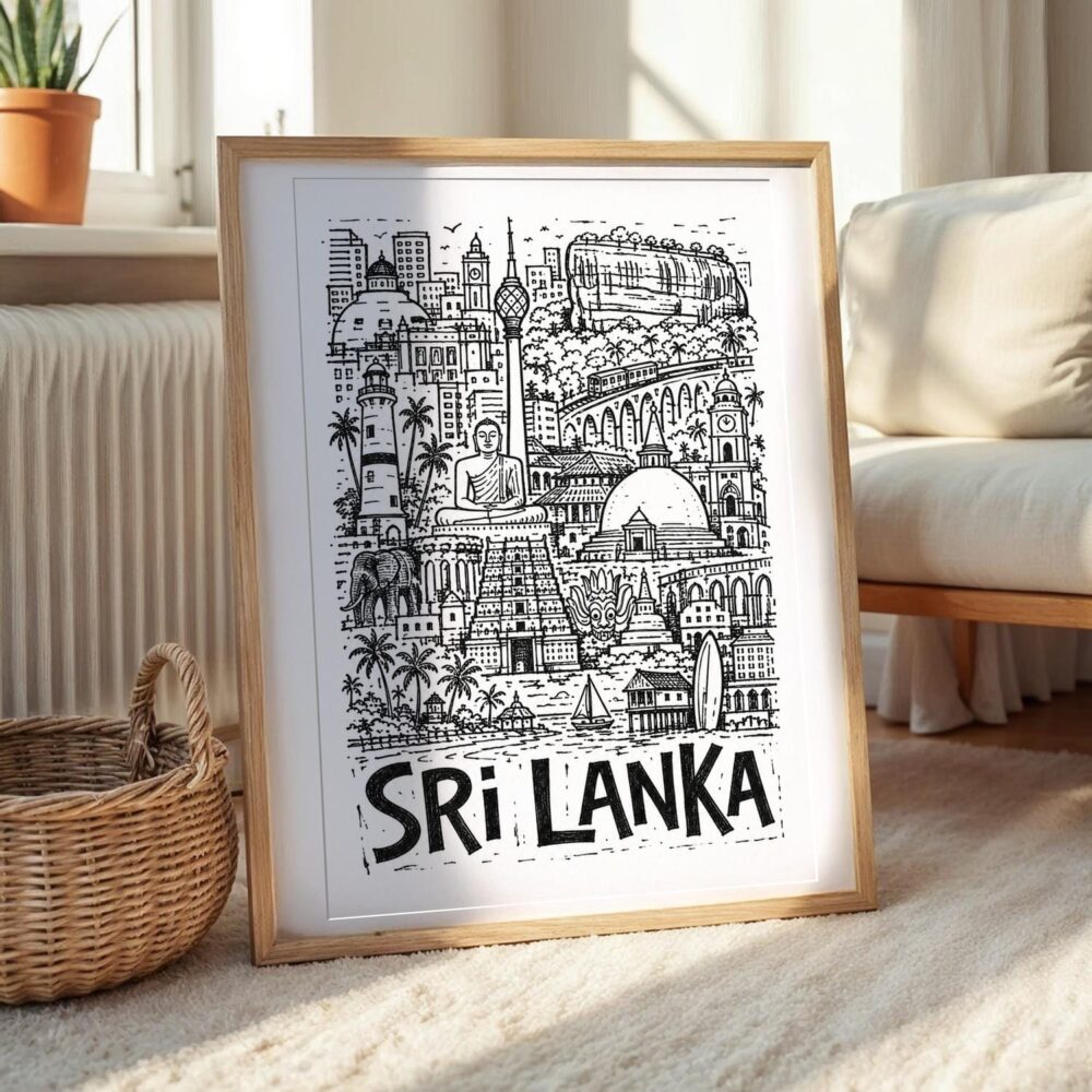 04 - Sri Lanka Travel Art - Pencil Style Art Print with Natural Wood Frame on floor - Vertical.jpg 04 - Sri Lanka Travel Art - Pencil Style Art Print with Natural Wood Frame on floor - Vertical.jpg