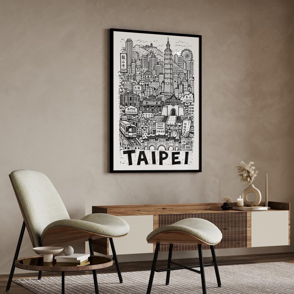 04 - Taipei City Art - Pencil Style Art Print with Black Frame in Japandi Living Room - Vertical.jpg 04 - Taipei City Art - Pencil Style Art Print with Black Frame in Japandi Living Room - Vertical.jpg