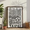 04 - Taipei City Art - Pencil Style Canvas Print with Brown Floater Frame - Standing on Floor - Vertical.jpg