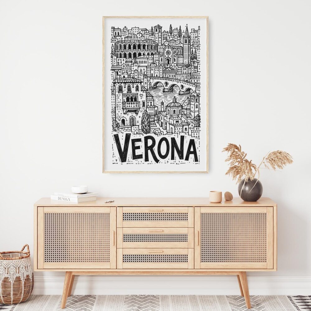 04 - Verona City Art - Pencil Style Art Print Hanging above Shelf - Vertical.jpg 04 - Verona City Art - Pencil Style Art Print Hanging above Shelf - Vertical.jpg