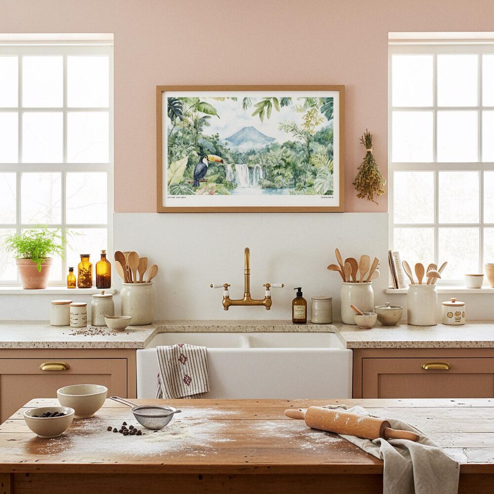 05 - Framed Costa Rica Arenal Volcano Watercolor - Horizontal-36x24 Art Print in Farmhouse style Kitchen.jpg 05 - Framed Costa Rica Arenal Volcano Watercolor - Horizontal-36x24 Art Print in Farmhouse style Kitchen.jpg